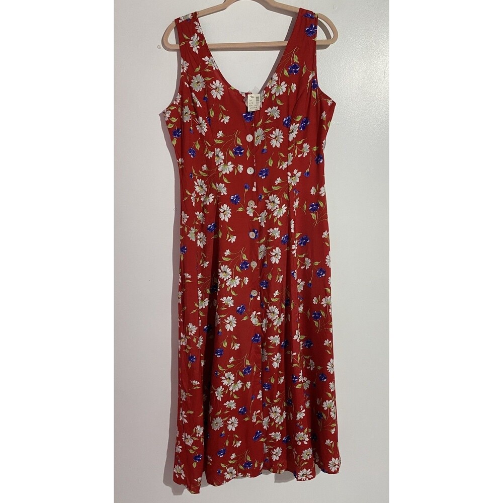 Vtg New York Style Dress L Red Floral Midi Cottagecore Button Front Feminine